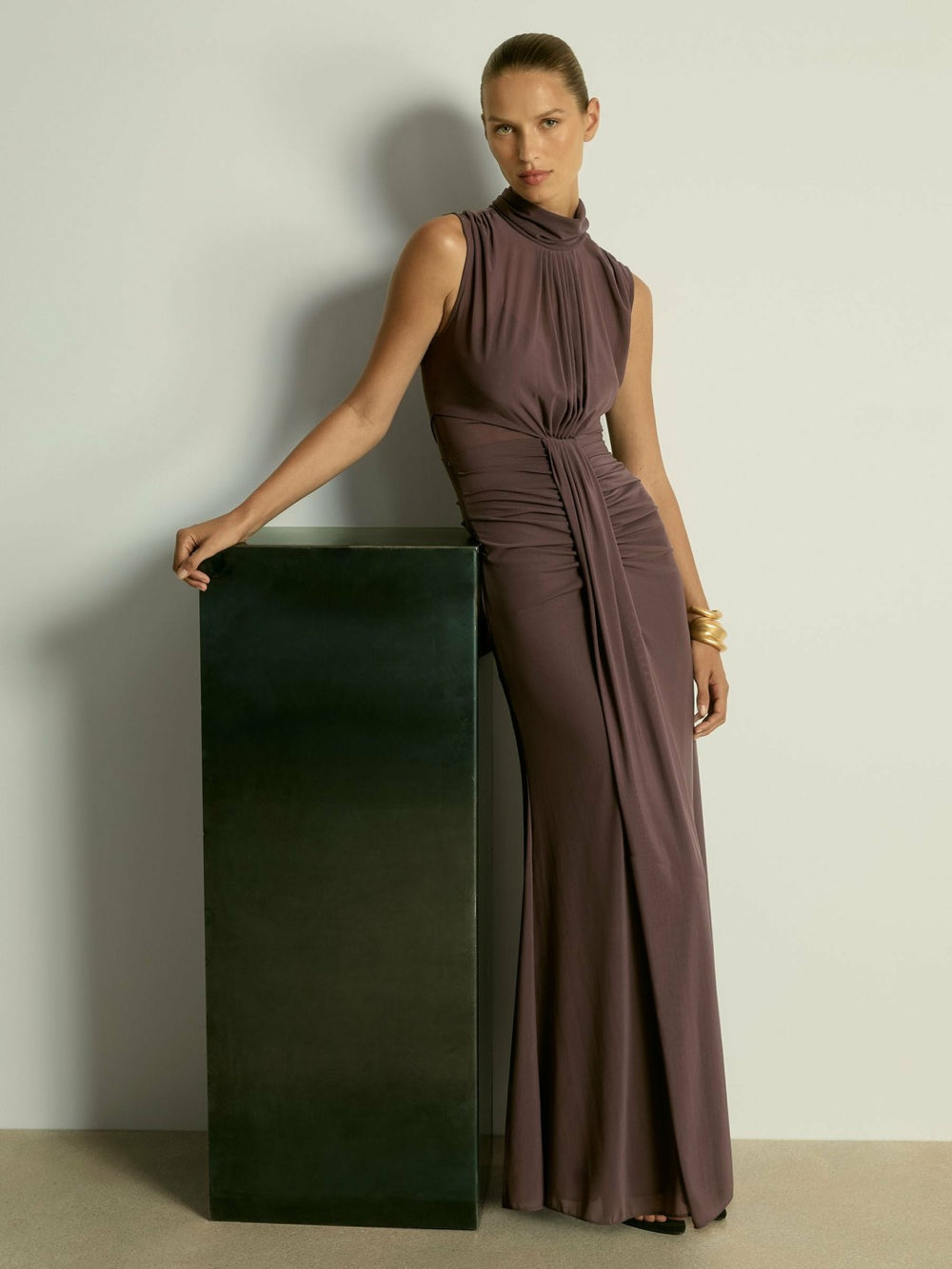 Women Sheer Ruched Maxi Dress in Taupe