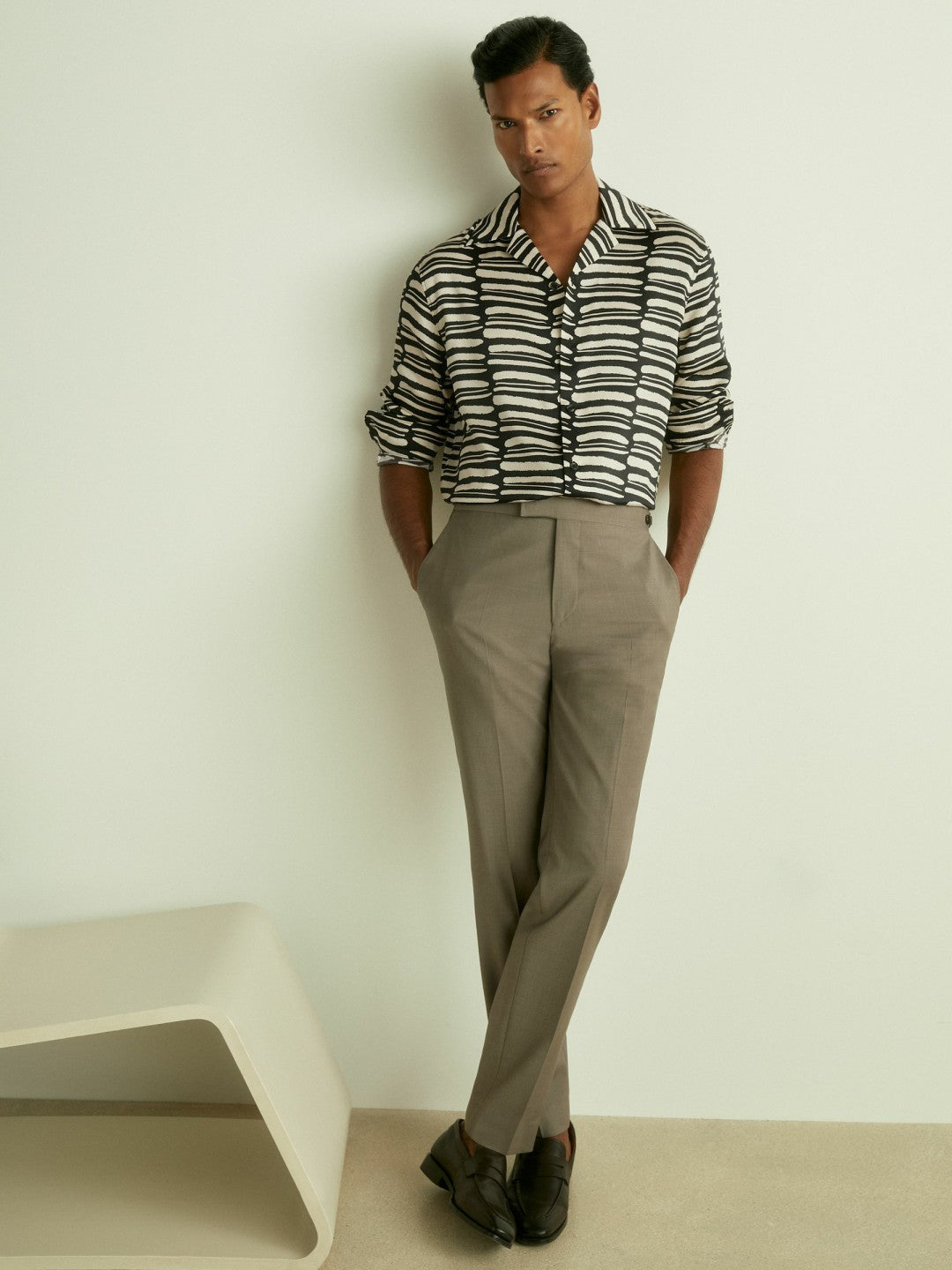 Men Abstract-Print Twill Cuban-Collar Shirt in Black/White
