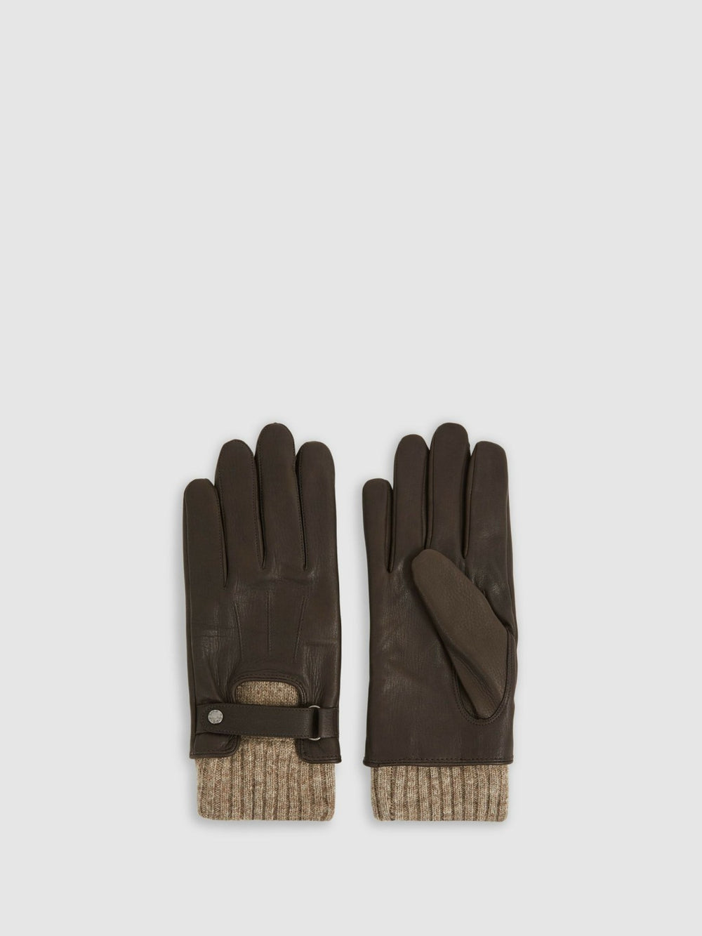 Men Leather Ribbed-Cuff Gloves in Dark Brown