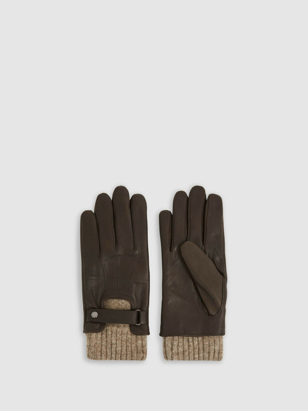 Men Leather Ribbed-Cuff Gloves in Dark Brown