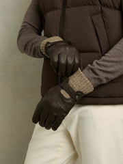 Men Leather Ribbed-Cuff Gloves in Dark Brown