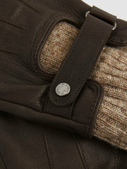 Men Leather Ribbed-Cuff Gloves in Dark Brown
