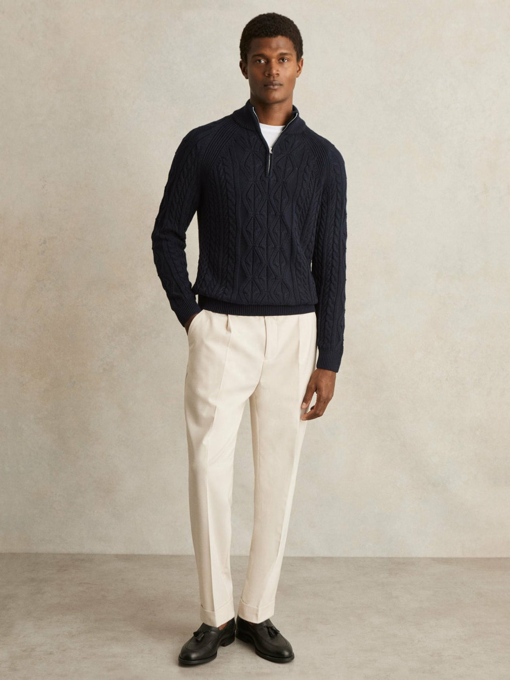 Men Cable-Knit Half-Zip Jumper in Navy