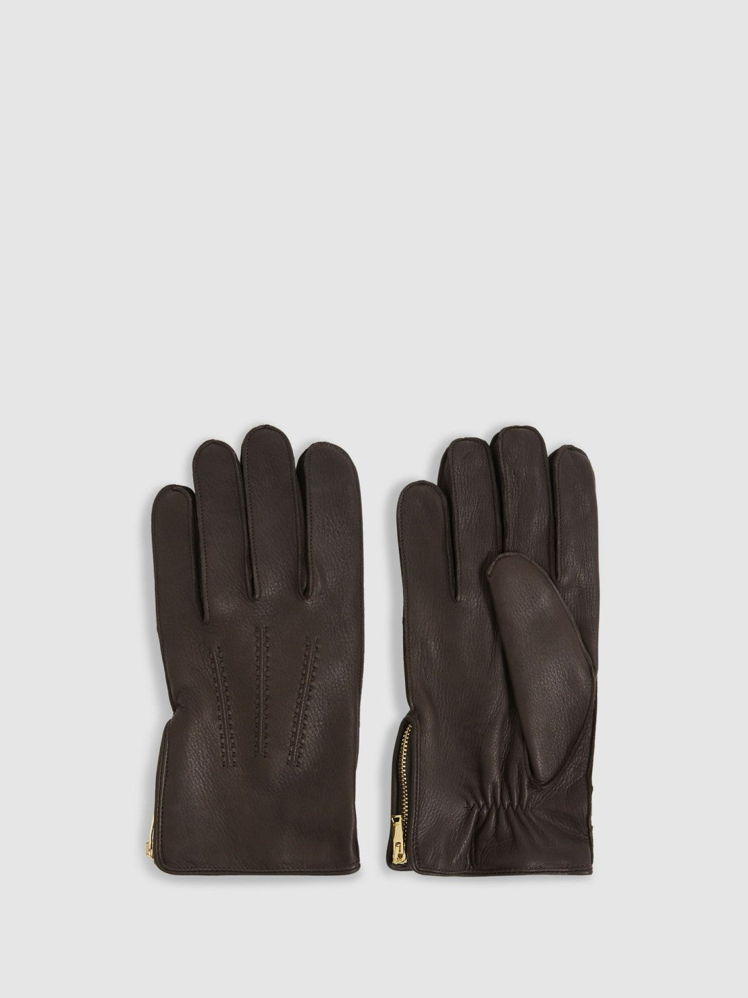 Men Leather Zip-Side Gloves in Dark Brown