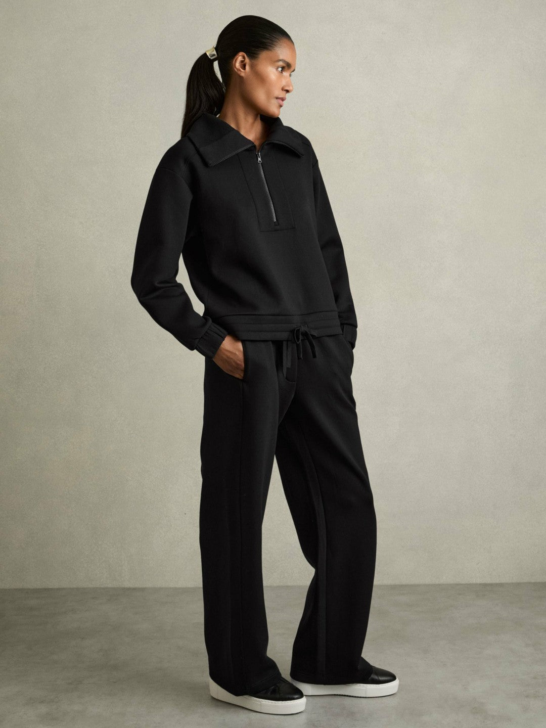 Women Interlock Half-Zip Drawstring-Hem Sweatshirt in Black