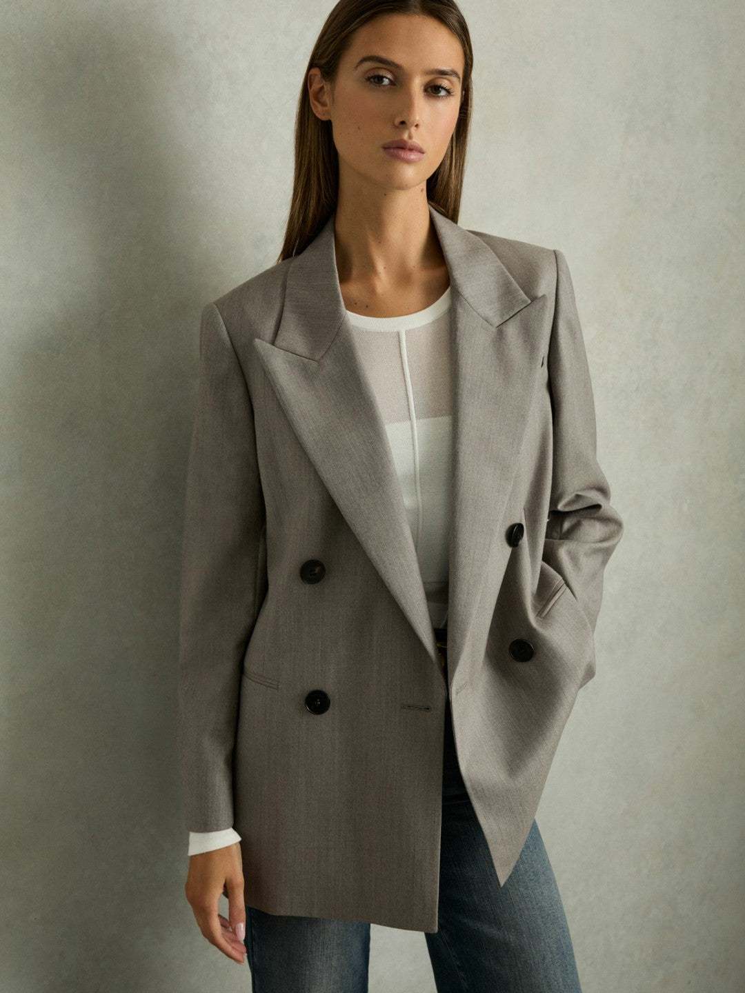 Women Wool Oversized Double-Breasted Blazer in Grey