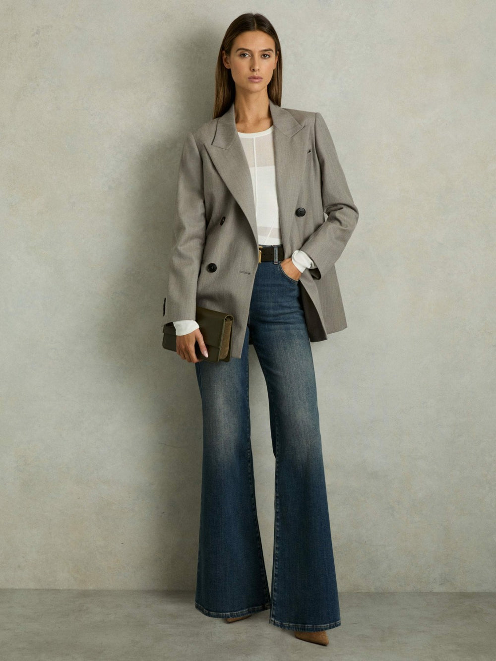 Women Wool Oversized Double-Breasted Blazer in Grey