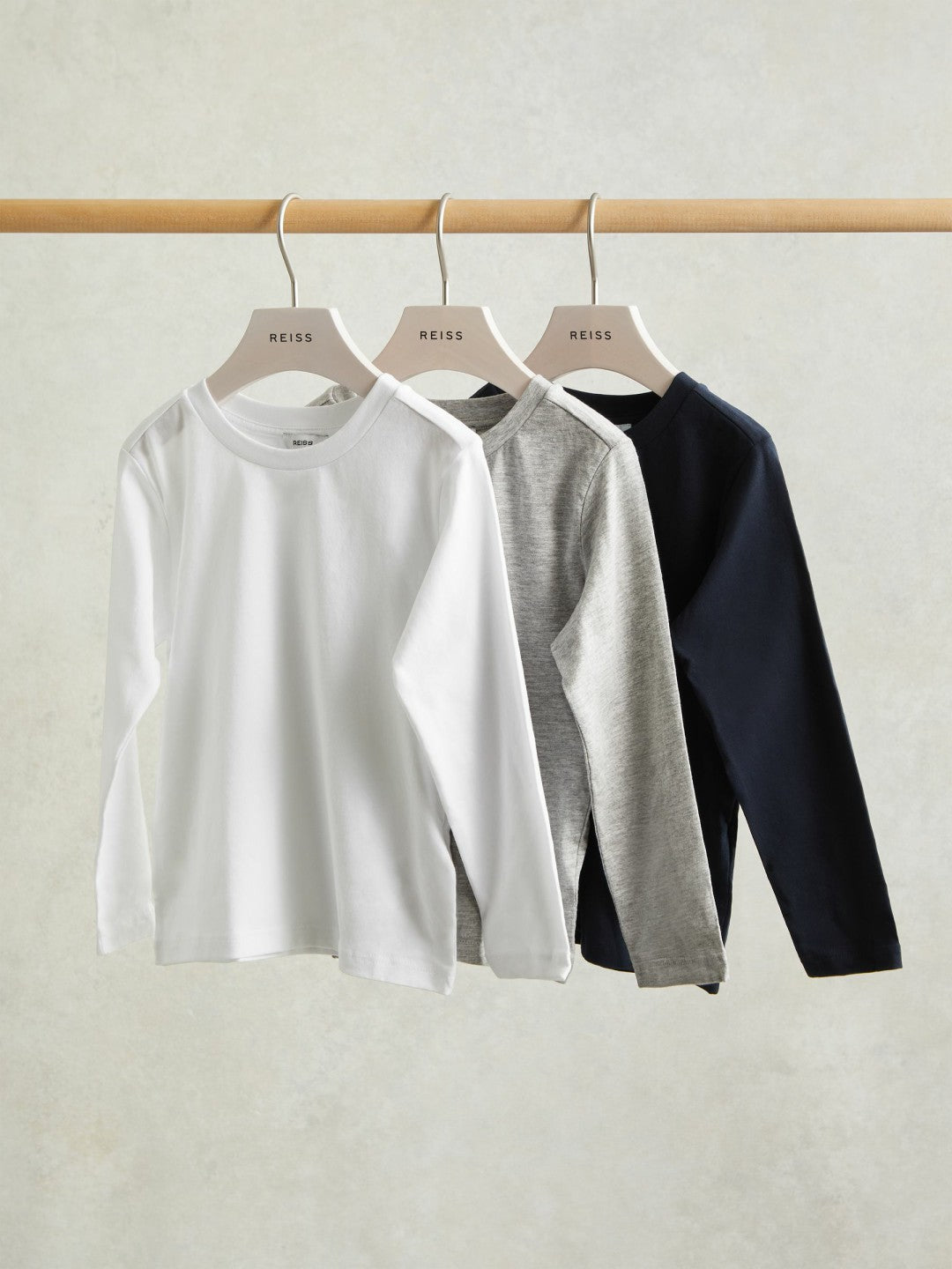 Children & Baby 9-13 yrs Cotton Jersey Long Sleeve T-Shirts 3 Pack in White/Soft Grey/Navy
