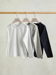 Children & Baby 9-13 yrs Cotton Jersey Long Sleeve T-Shirts 3 Pack in White/Soft Grey/Navy