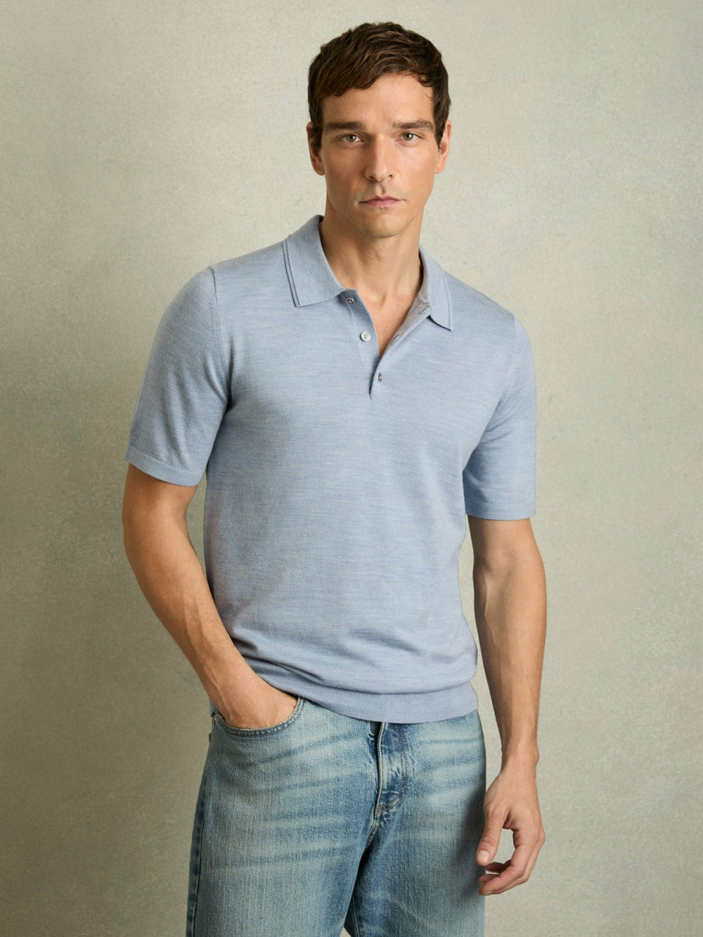 Men Merino Wool Polo Shirt in Soft Blue
