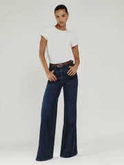 Women Petite Stretch-Cotton Wide-Leg Jeans in Dark Blue