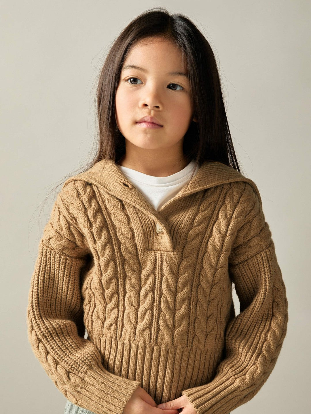 Children & Baby 13-14 yrs Cotton-Blend Open-Collar Cable-Knit Jumper With Wool in Camel