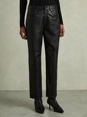 Women Leather Slim-Leg Trousers in Black