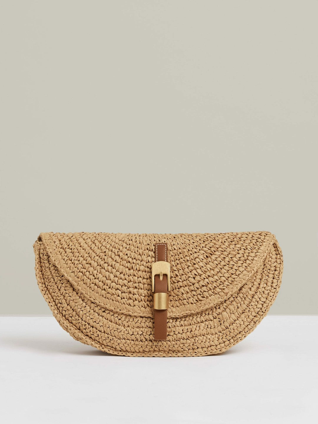 Women Raffia Half-Moon Clutch Bag in Natural