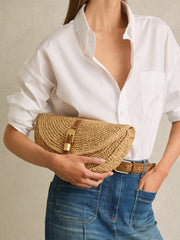 Women Raffia Half-Moon Clutch Bag in Natural