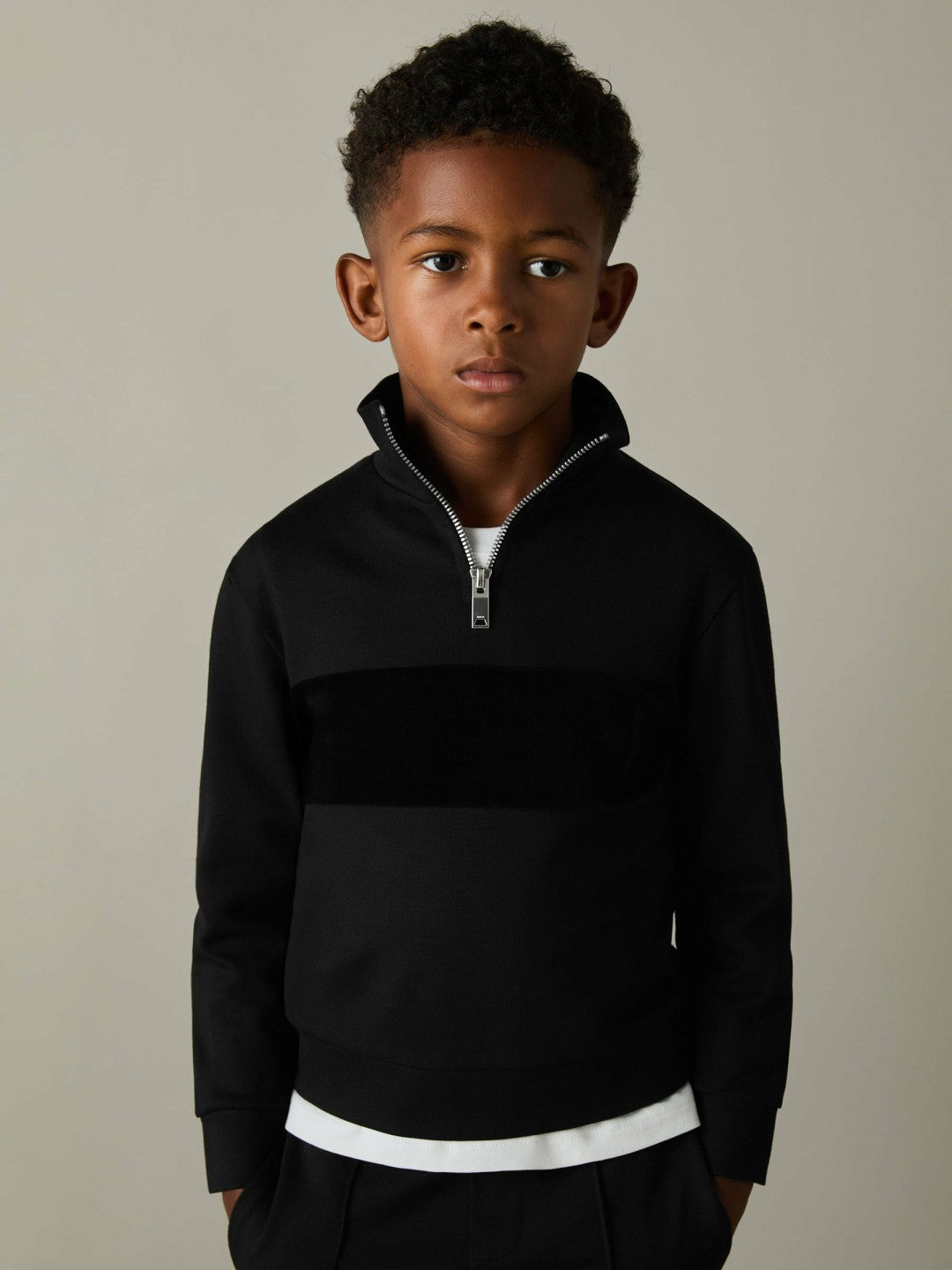 Children & Baby 3-9 yrs Slim Fit Half-Zip Funnel Neck Velour Sweatshirt in Black