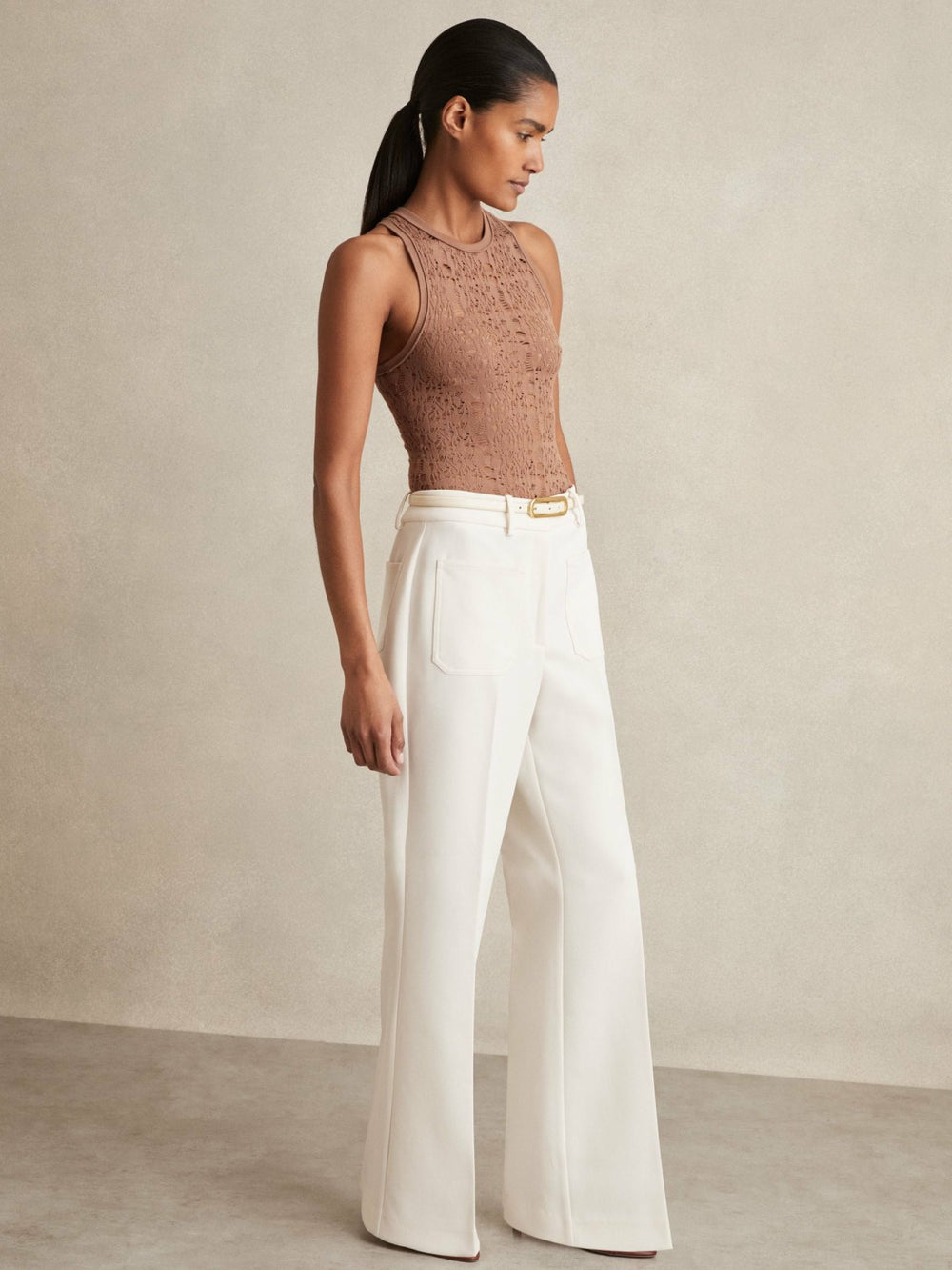 Women Twill Patch-Pocket Flared Trousers in Cream