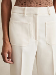 Women Twill Patch-Pocket Flared Trousers in Cream