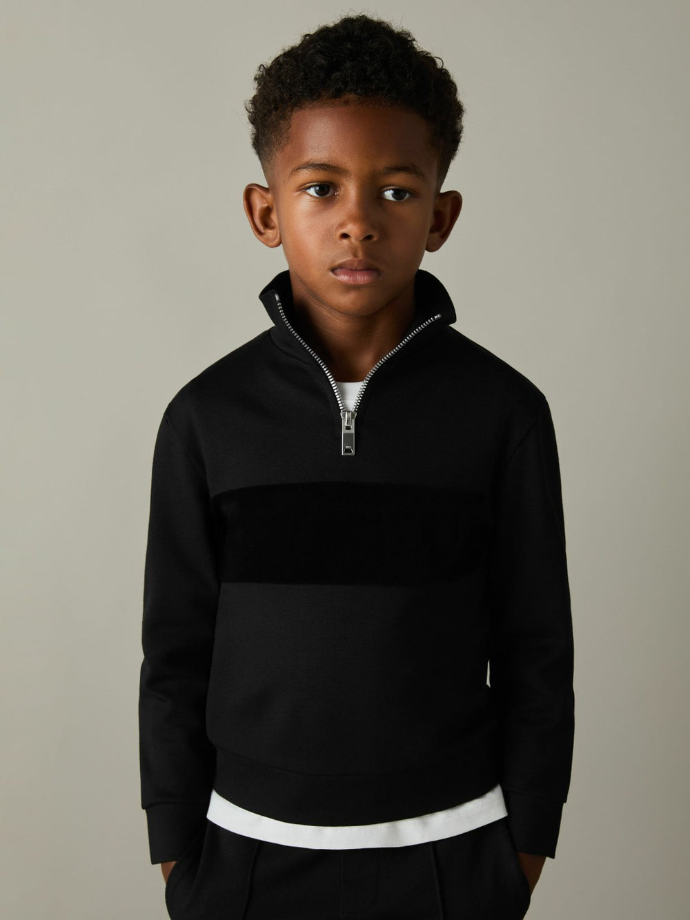 Children & Baby 9-13 yrs Slim Fit Half-Zip Funnel Neck Velour Sweatshirt in Black