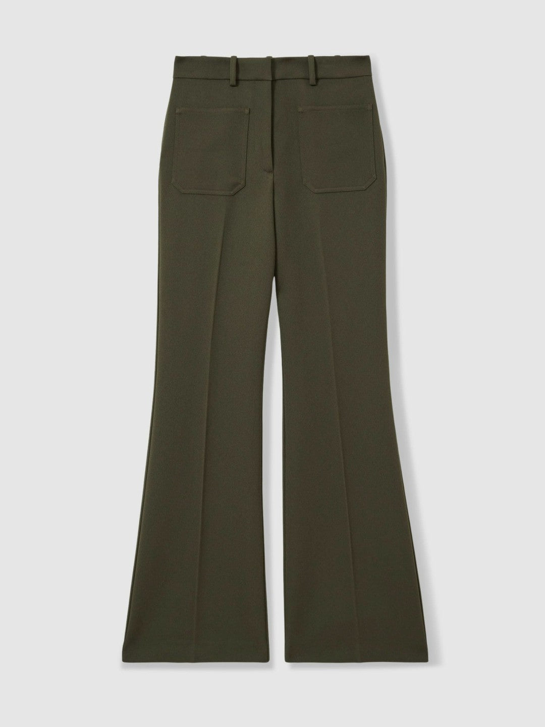 Women Twill Patch-Pocket Flared Trousers in Green