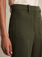 Women Twill Patch-Pocket Flared Trousers in Green