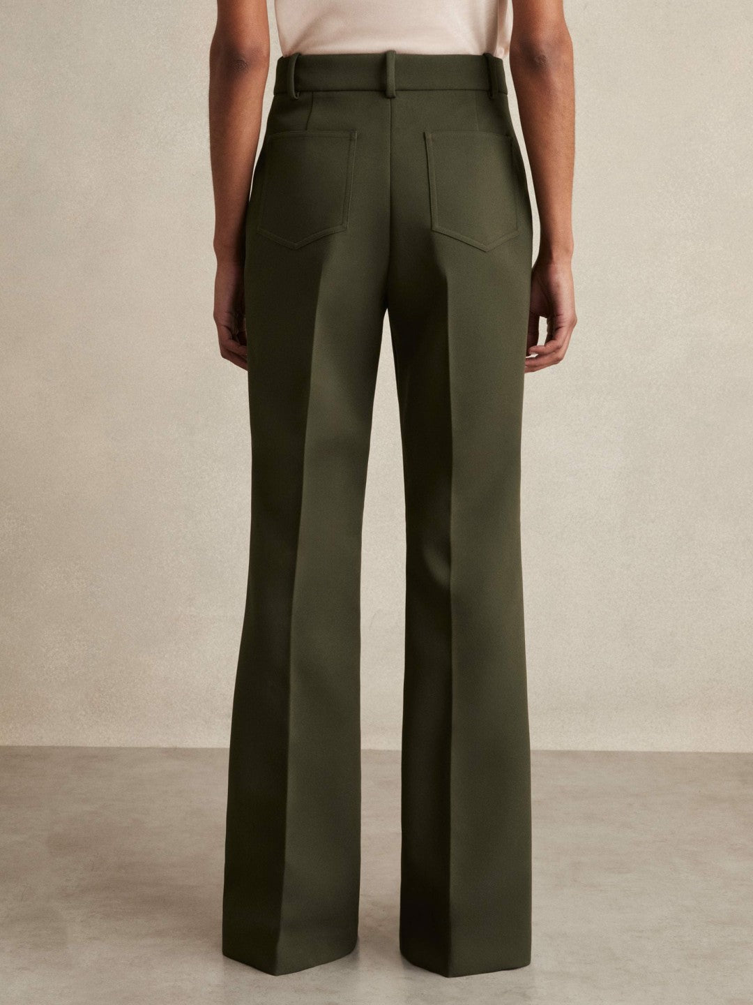 Women Twill Patch-Pocket Flared Trousers in Green