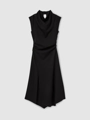 Women Twill-Jersey Draped Midi Dress in Black