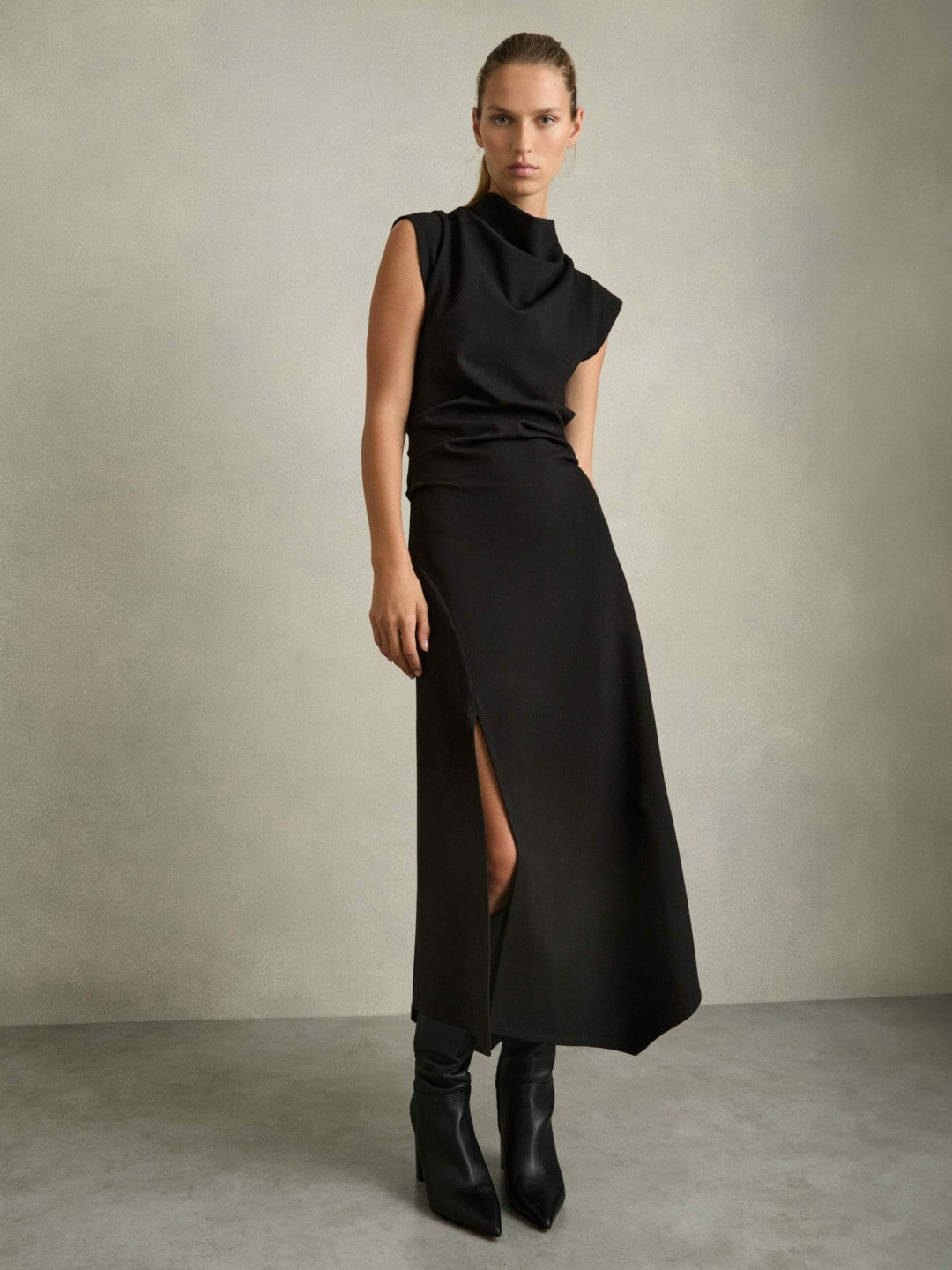 Women Twill-Jersey Draped Midi Dress in Black