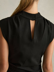 Women Twill-Jersey Draped Midi Dress in Black
