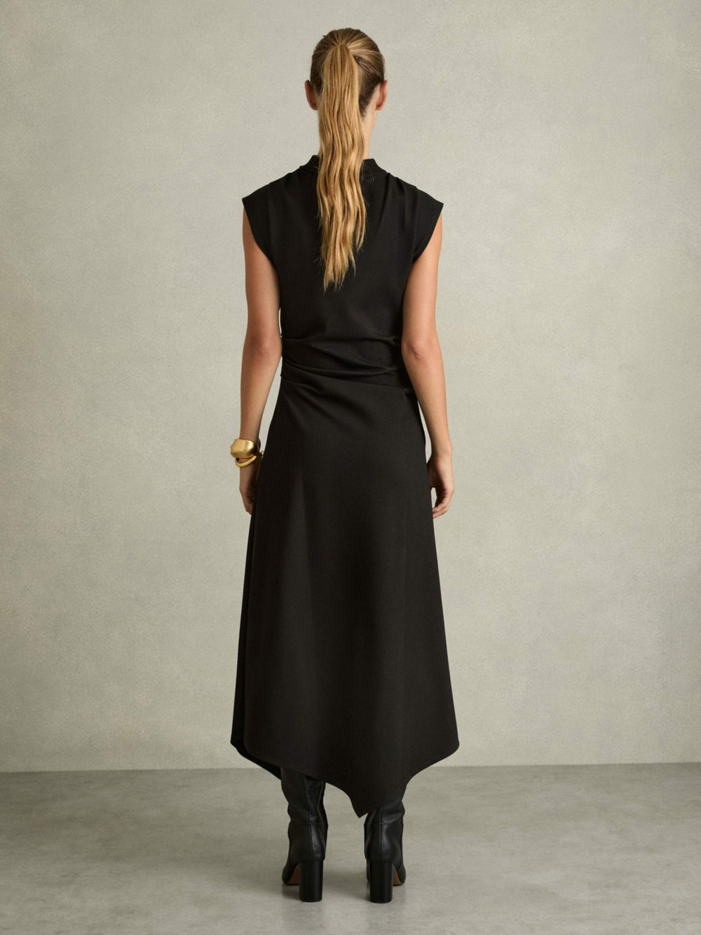 Women Twill-Jersey Draped Midi Dress in Black
