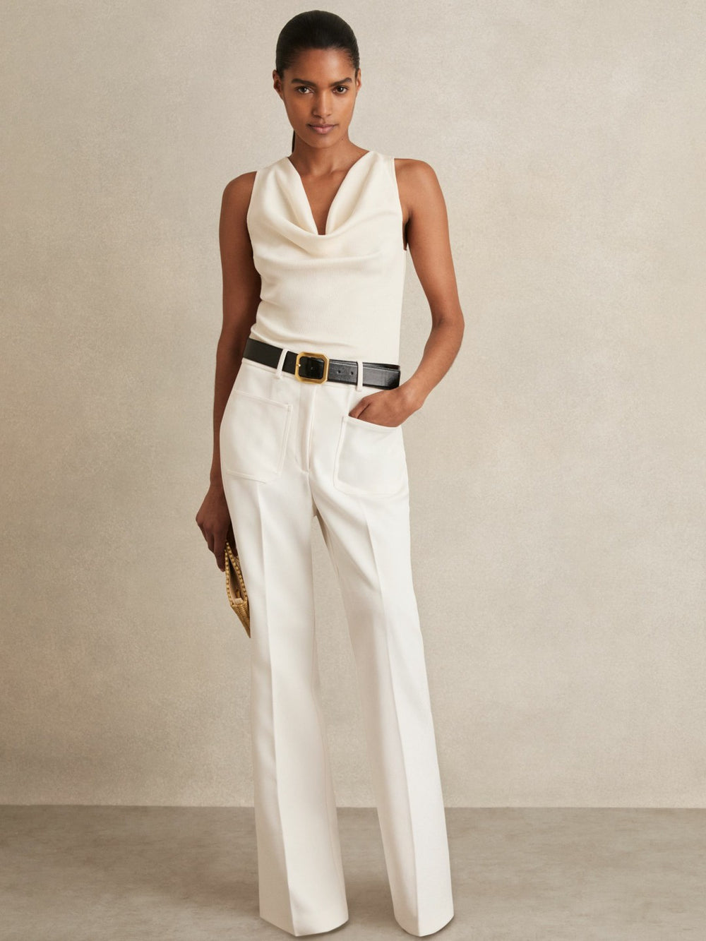 Women Petite Twill Patch-Pocket Flared Trousers in Cream