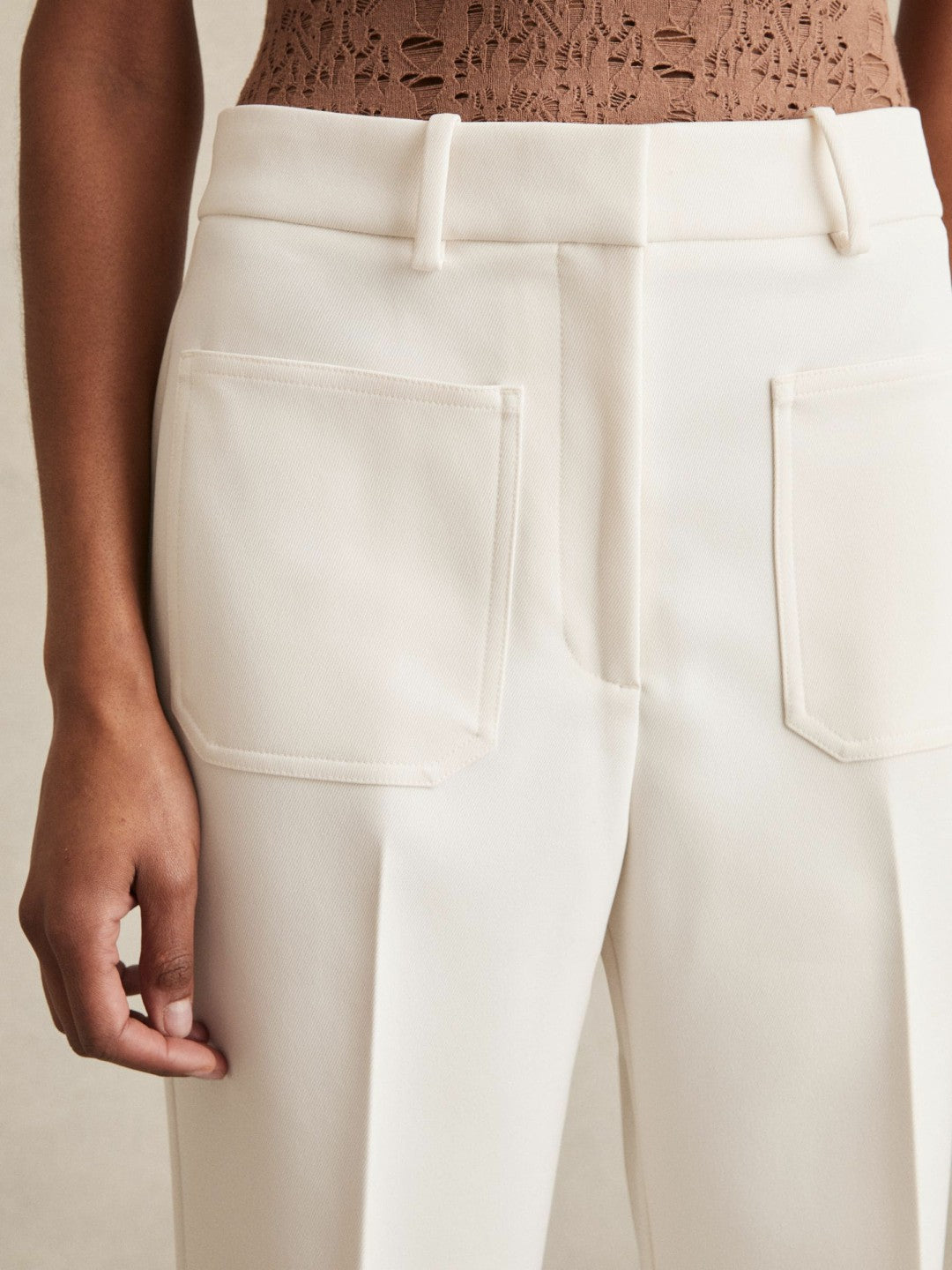 Women Petite Twill Patch-Pocket Flared Trousers in Cream