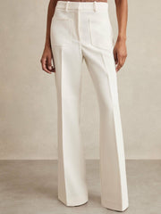 Women Petite Twill Patch-Pocket Flared Trousers in Cream