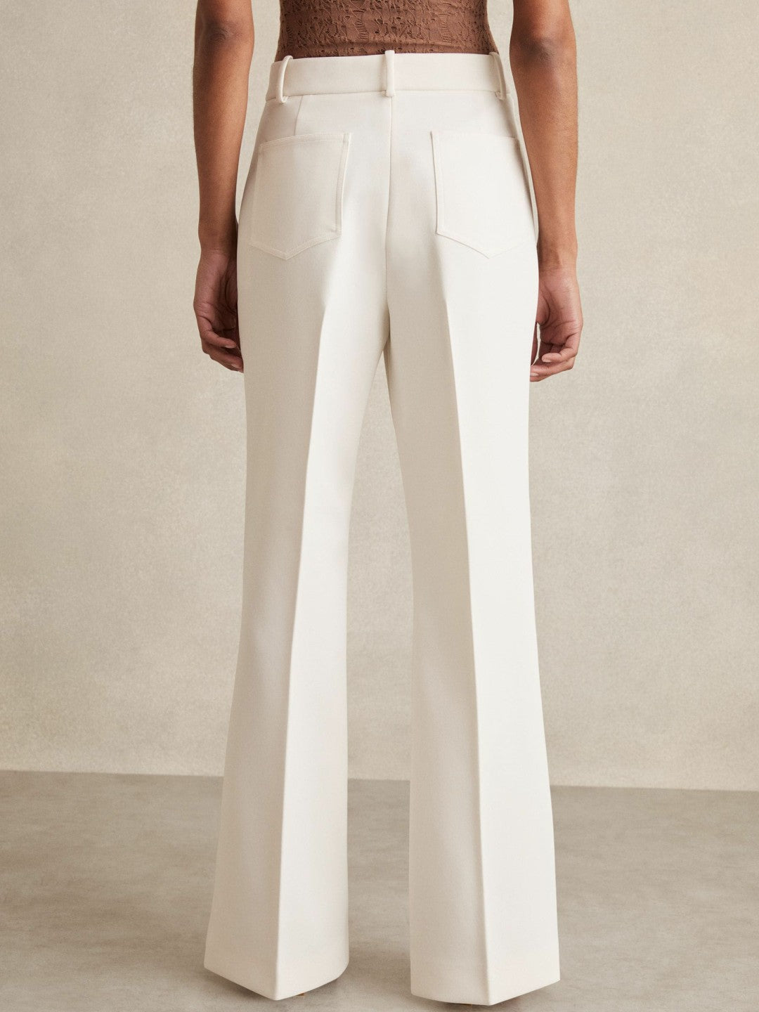 Women Petite Twill Patch-Pocket Flared Trousers in Cream