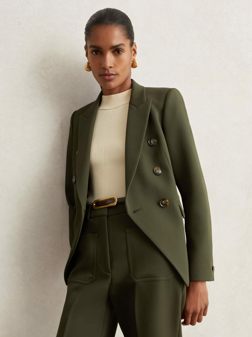 Women Twill Double-Breasted Blazer in Green