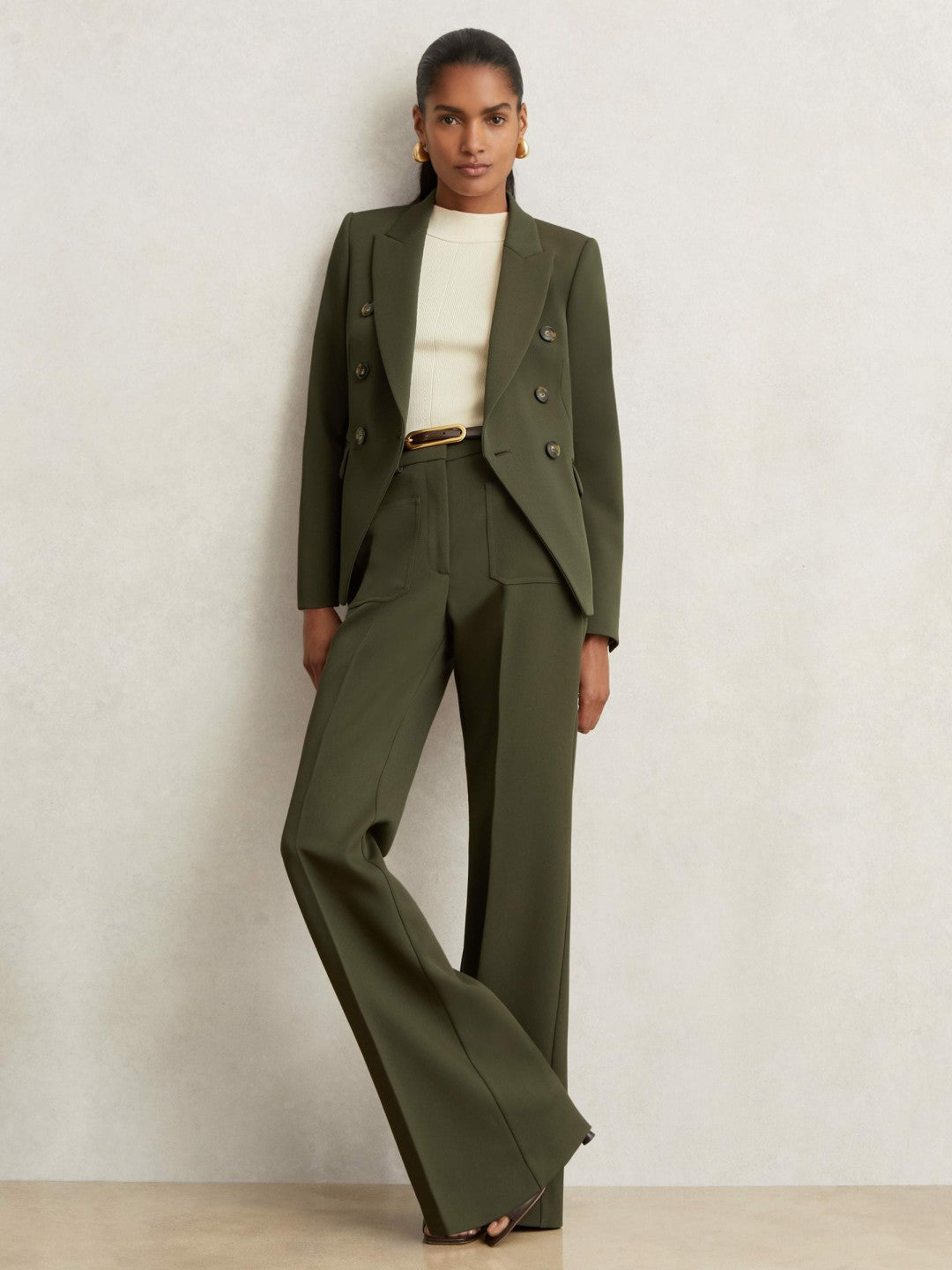 Women Twill Double-Breasted Blazer in Green