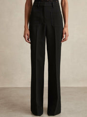 Women Twill Patch-Pocket Flared Trousers in Black