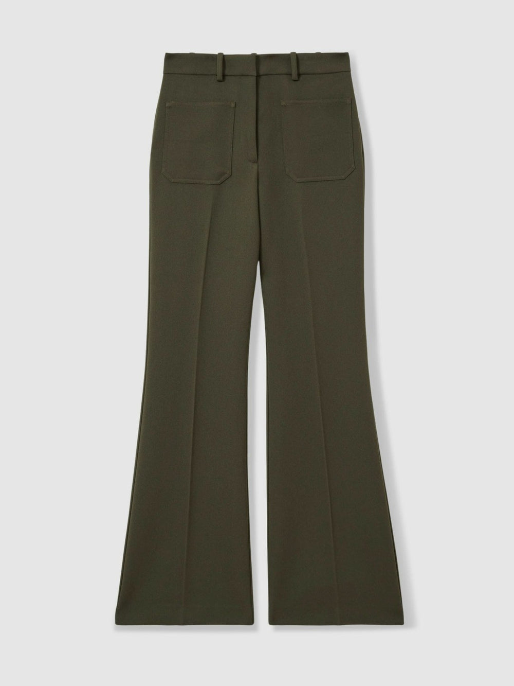 Women Petite Twill Patch-Pocket Flared Trousers in Green