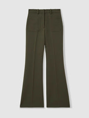 Women Petite Twill Patch-Pocket Flared Trousers in Green