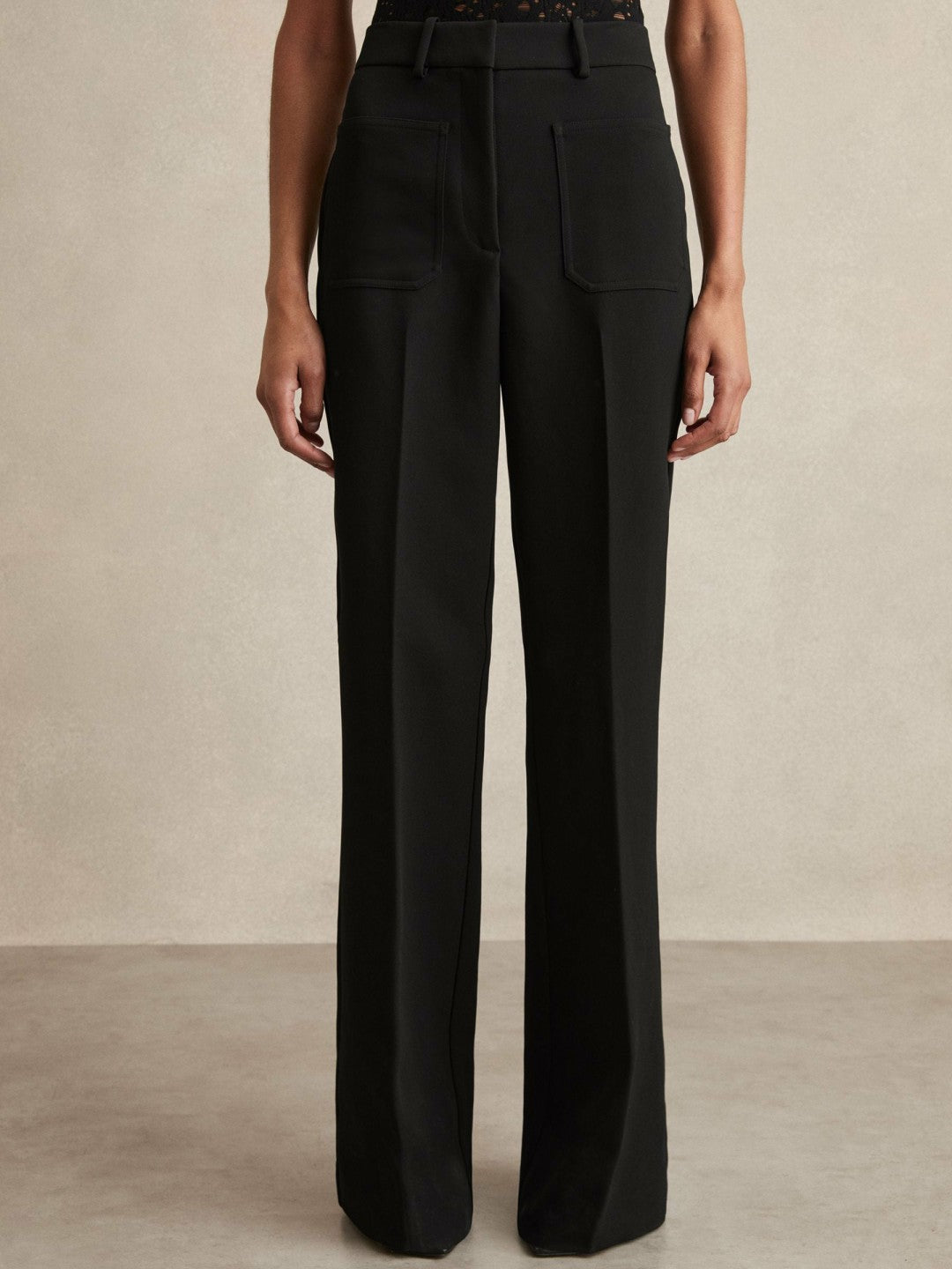 Women Petite Twill Patch-Pocket Flared Trousers in Black
