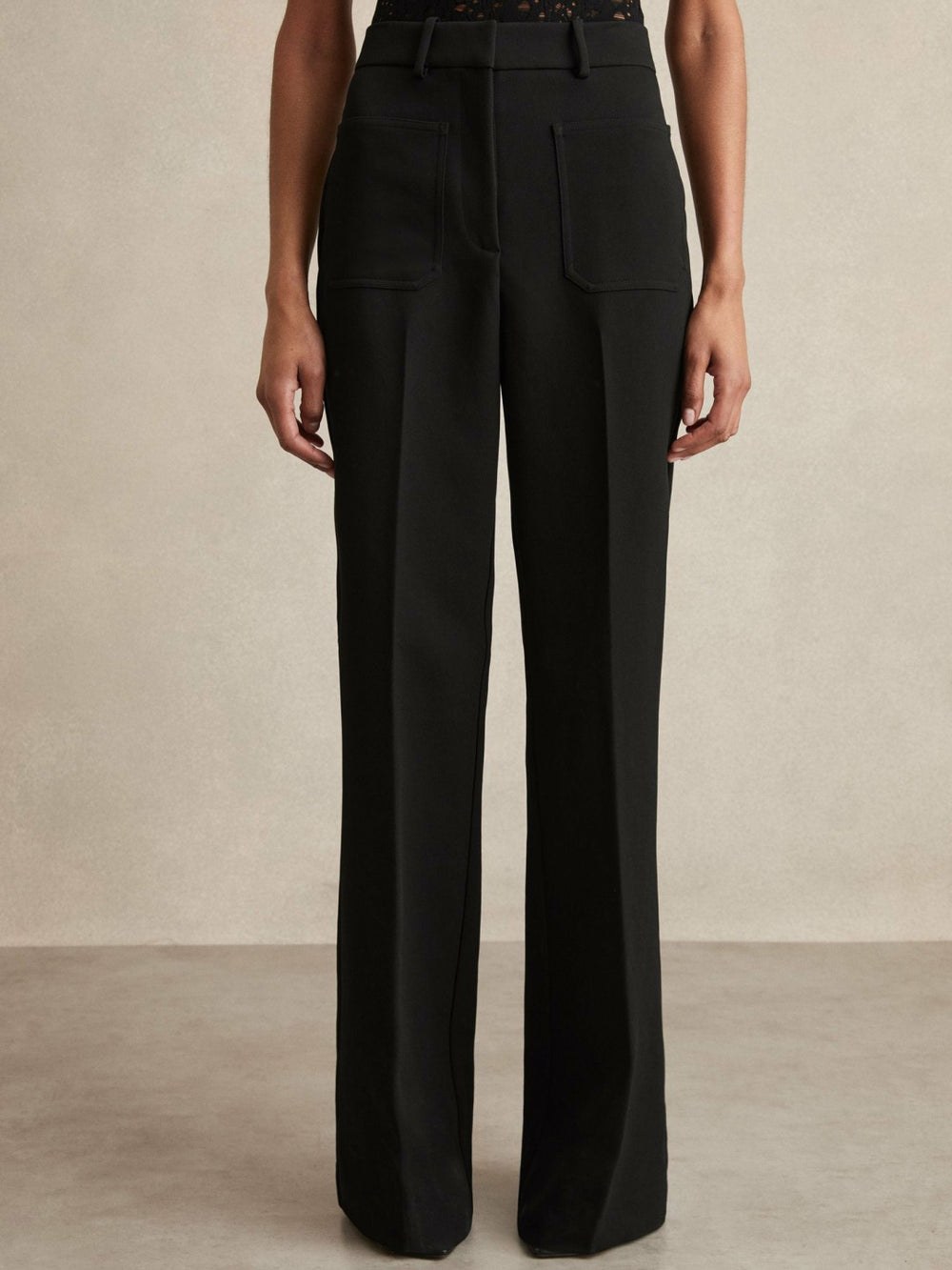Women Petite Twill Patch-Pocket Flared Trousers in Black