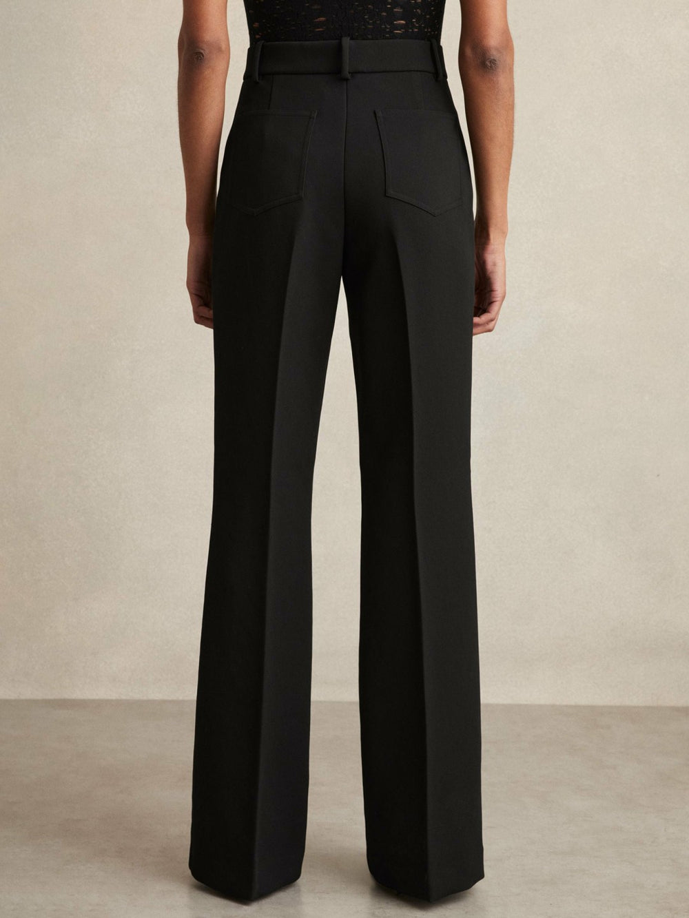 Women Petite Twill Patch-Pocket Flared Trousers in Black
