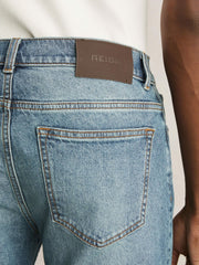 Men Cotton-Stretch Slim-Fit Jeans in Washed Indigo Green Cast