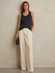 Women Elasticated-Waist Wide-Leg Twill Trousers in Cream