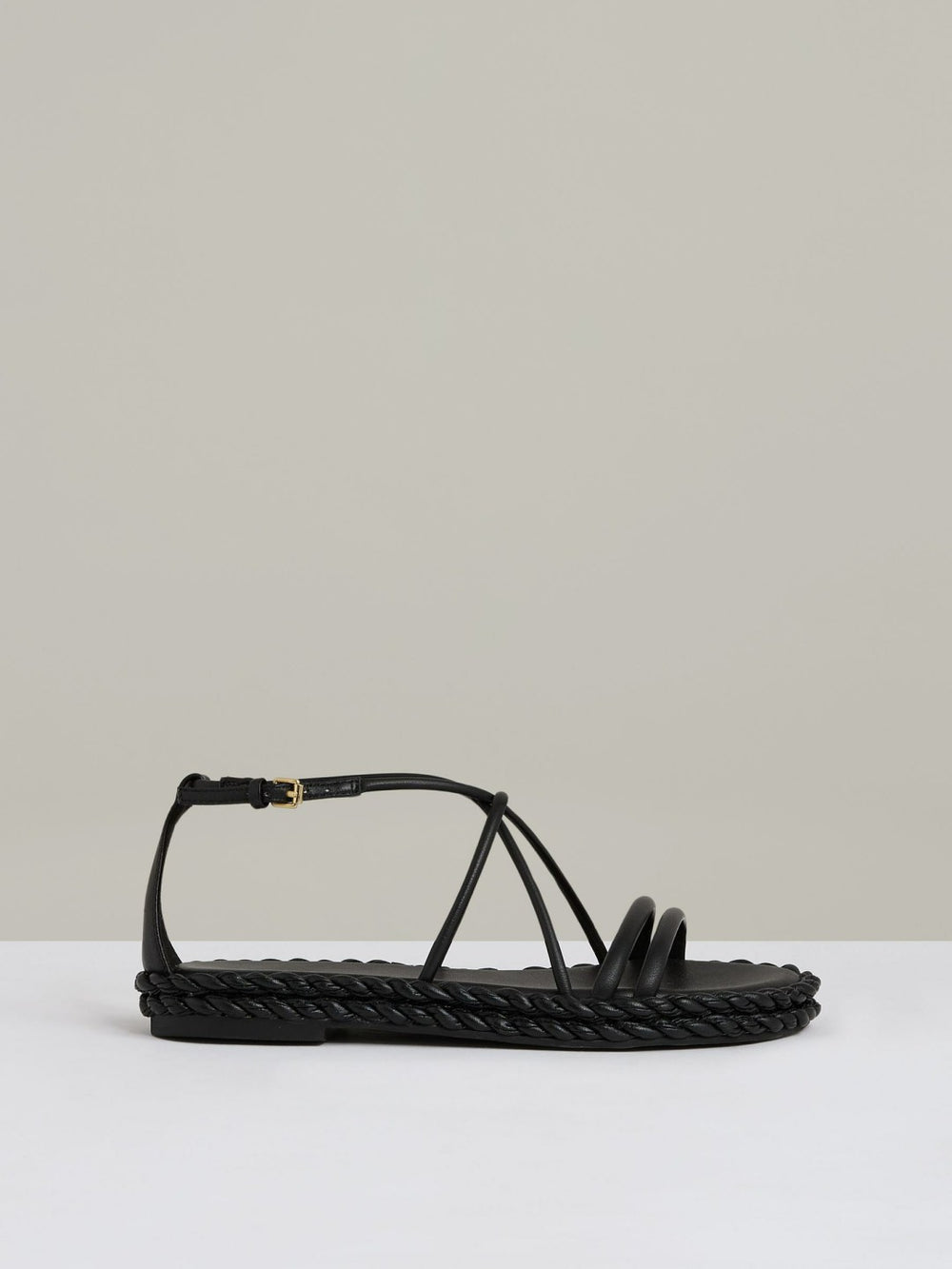 Women Leather Braided Flat Sandals in Black