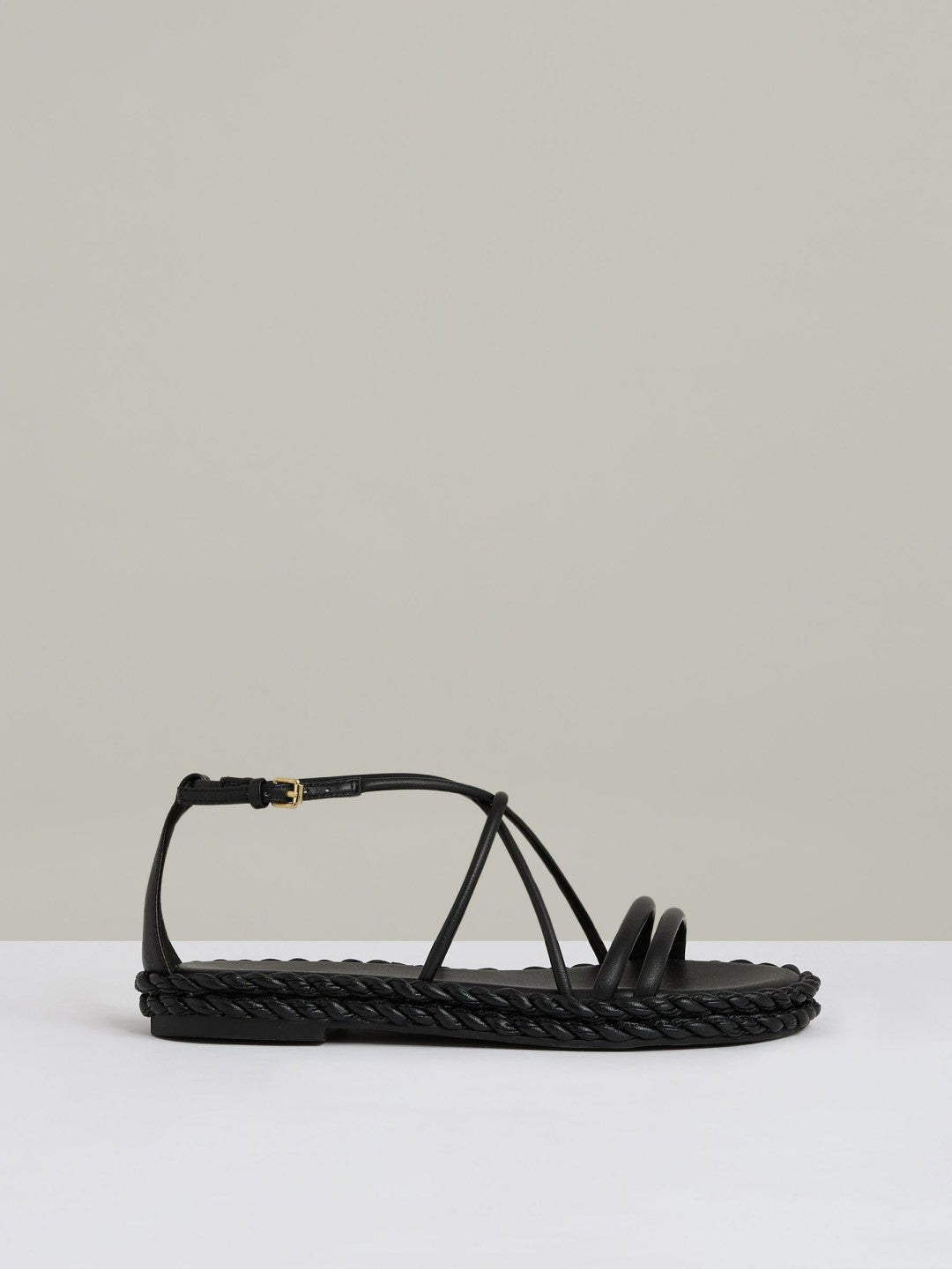 Women Leather Braided Flat Sandals in Black