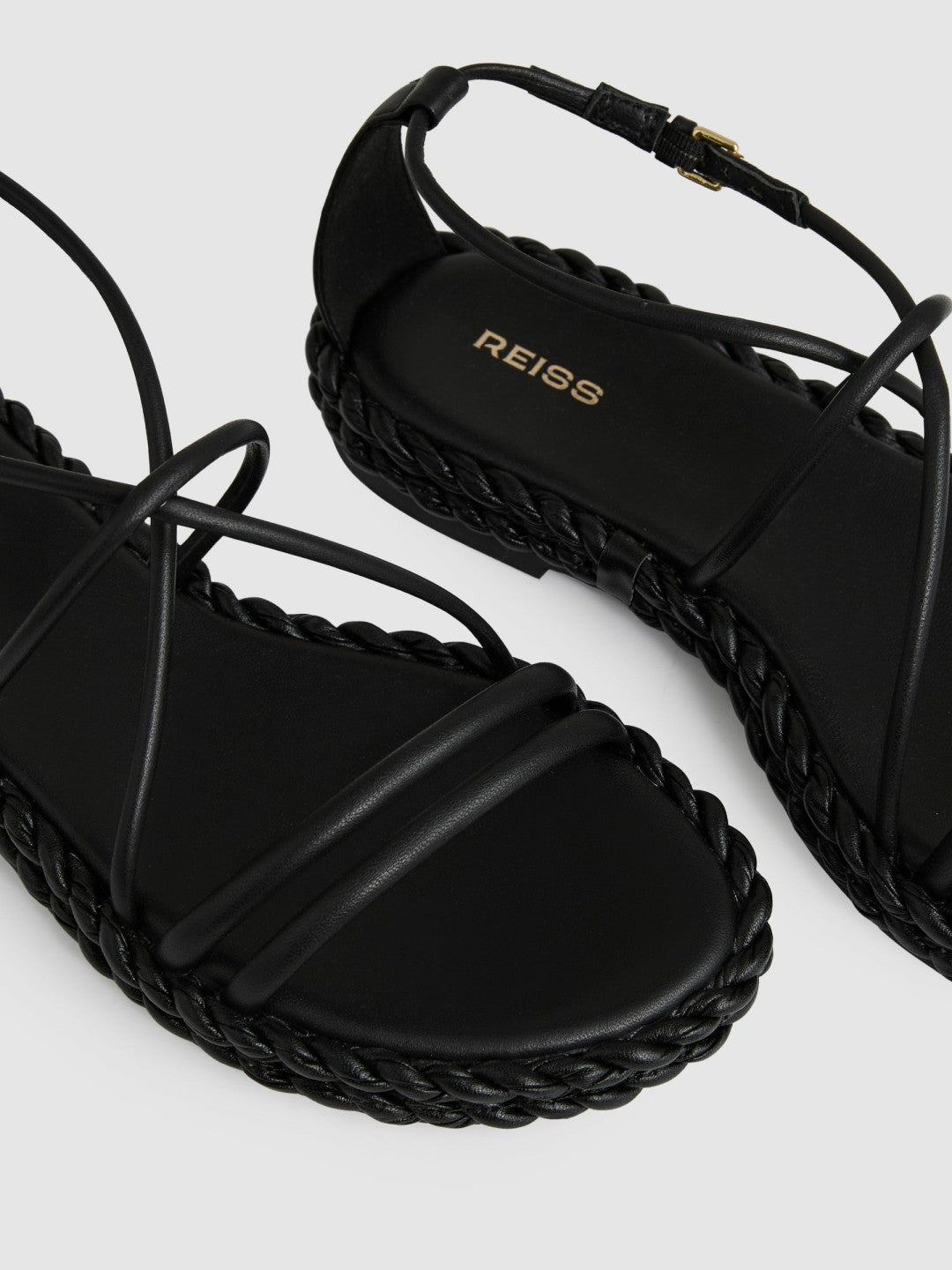 Women Leather Braided Flat Sandals in Black