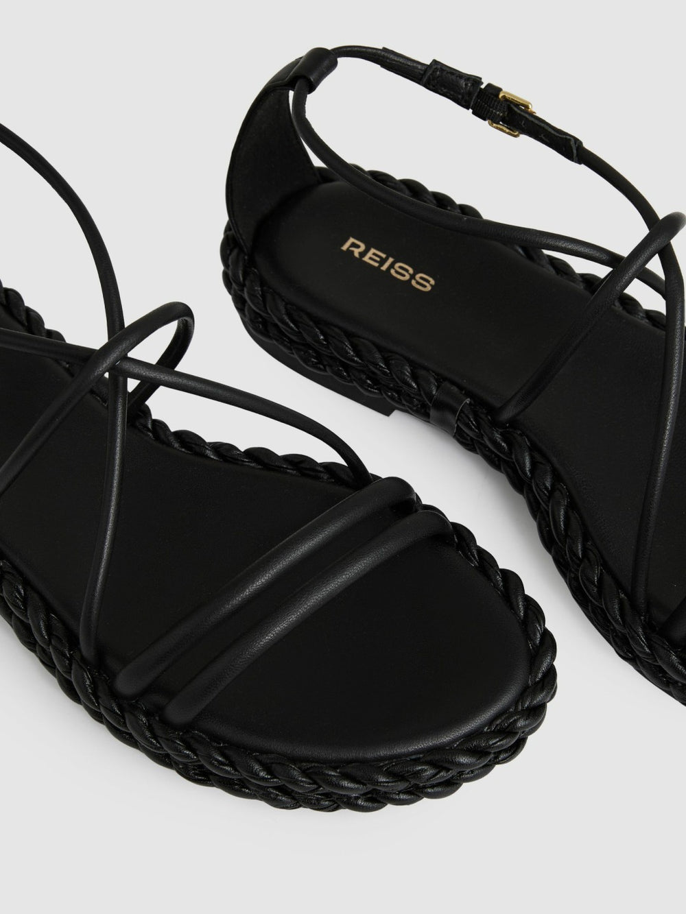 Women Leather Braided Flat Sandals in Black