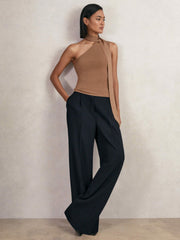 Women Petite Elasticated-Waist Wide-Leg Twill Trousers in Navy