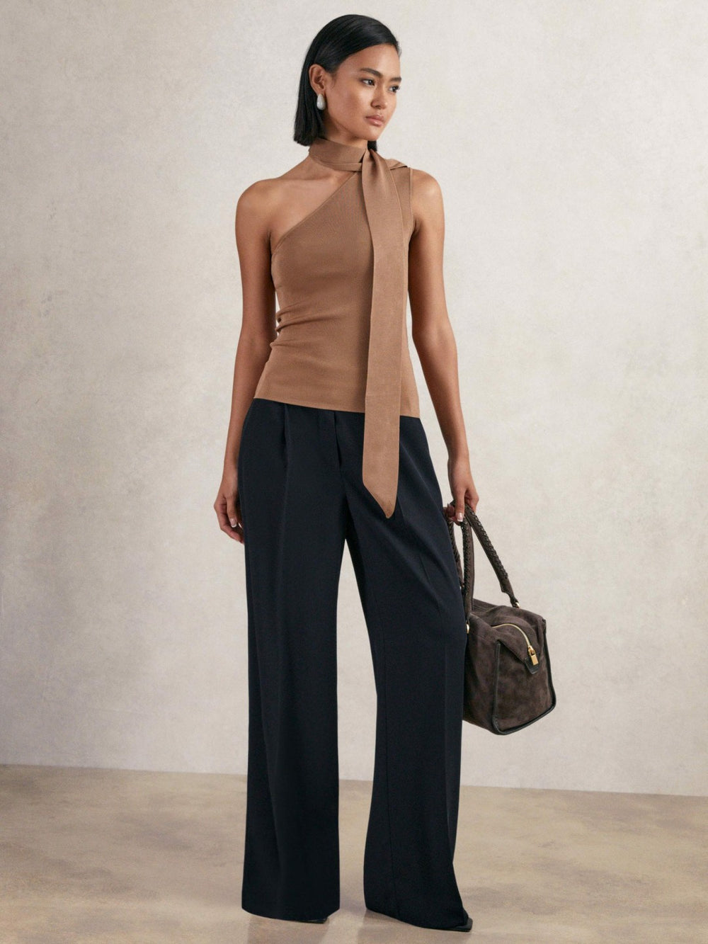 Women Petite Elasticated-Waist Wide-Leg Twill Trousers in Navy